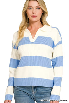 Bundle outfit view of the CORNFLOWER BLUE/IVORY Women's Elegant Knit Zenana Striped Collared Sweater Top for Layering & Everyday Outfits, styled with polished boutique styling for day-to-night outfits, made for women who want easy layering.