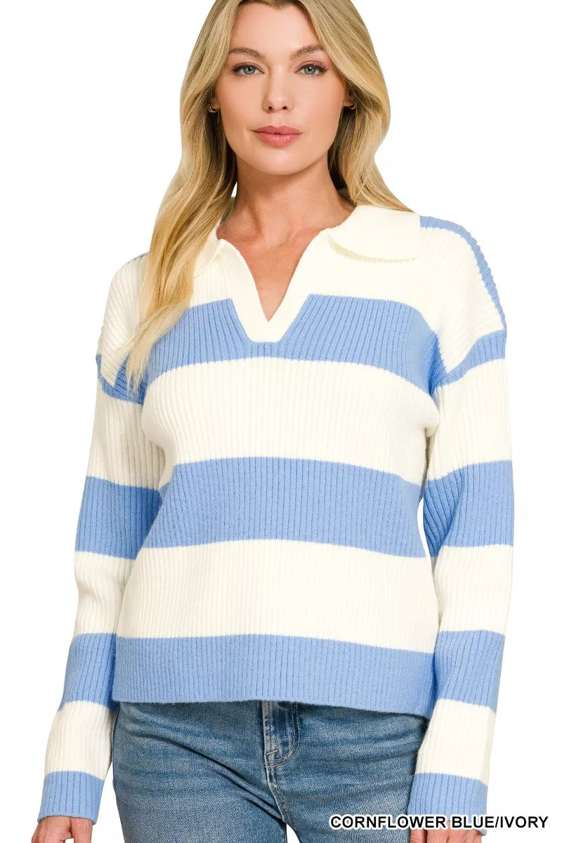 Front view of the CORNFLOWER BLUE/IVORY Striped Collared Knit Top, styled with polished boutique styling for day-to-night outfits, made for women who want easy layering.