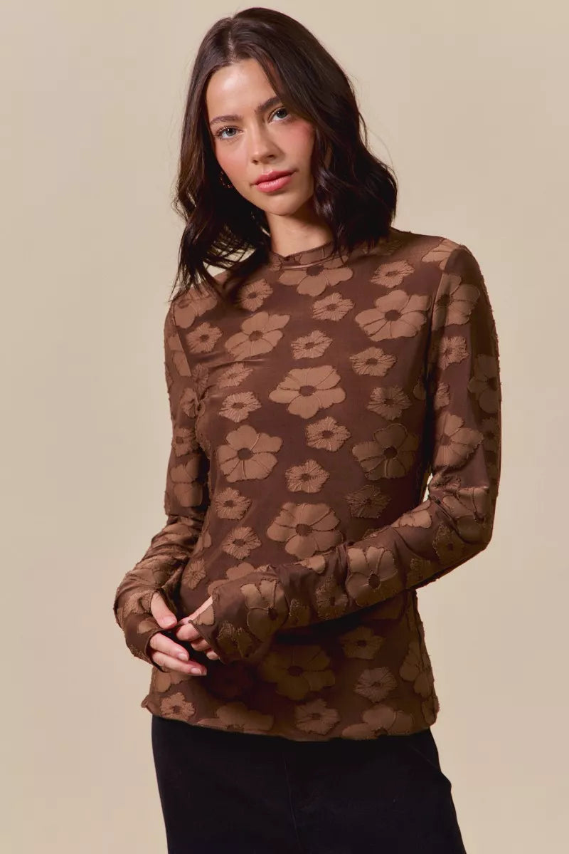 Front view of the BROWN Women's Elegant SO ME Stretched Jacquard Casual Tops with Thumb Opening for Everyday Boutique Styling, styled with polished boutique styling for day-to-night outfits, made for women who want easy layering.