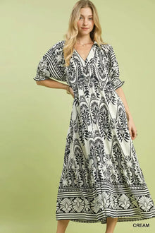 Bundle outfit view of the CREAM Women's Elegant Umgee Two Tone Border Print Midi Dress for Wedding Guest & Evening Wear, styled with feminine boutique styling for dinners, travel, and events, made for women who want elegant styling.