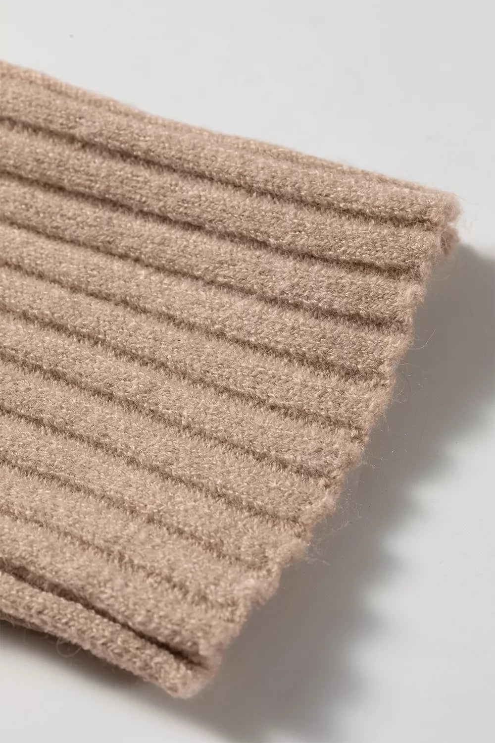 Fabric detail of the Taupe Ribbed Trim High Neck Short Sleeve Casual Sweater, styled with polished comfort for work, travel, and everyday wear, made for women who want repeat outfit options.