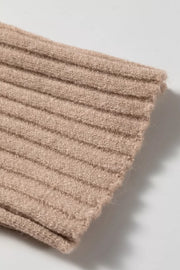 Fabric detail of the Taupe Ribbed Trim High Neck Short Sleeve Casual Sweater, styled with polished comfort for work, travel, and everyday wear, made for women who want repeat outfit options.