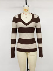 Fabric detail of the Coffee Brown Striped V-Neck Knit Top, styled with polished boutique styling for day-to-night outfits, made for women who want easy layering.