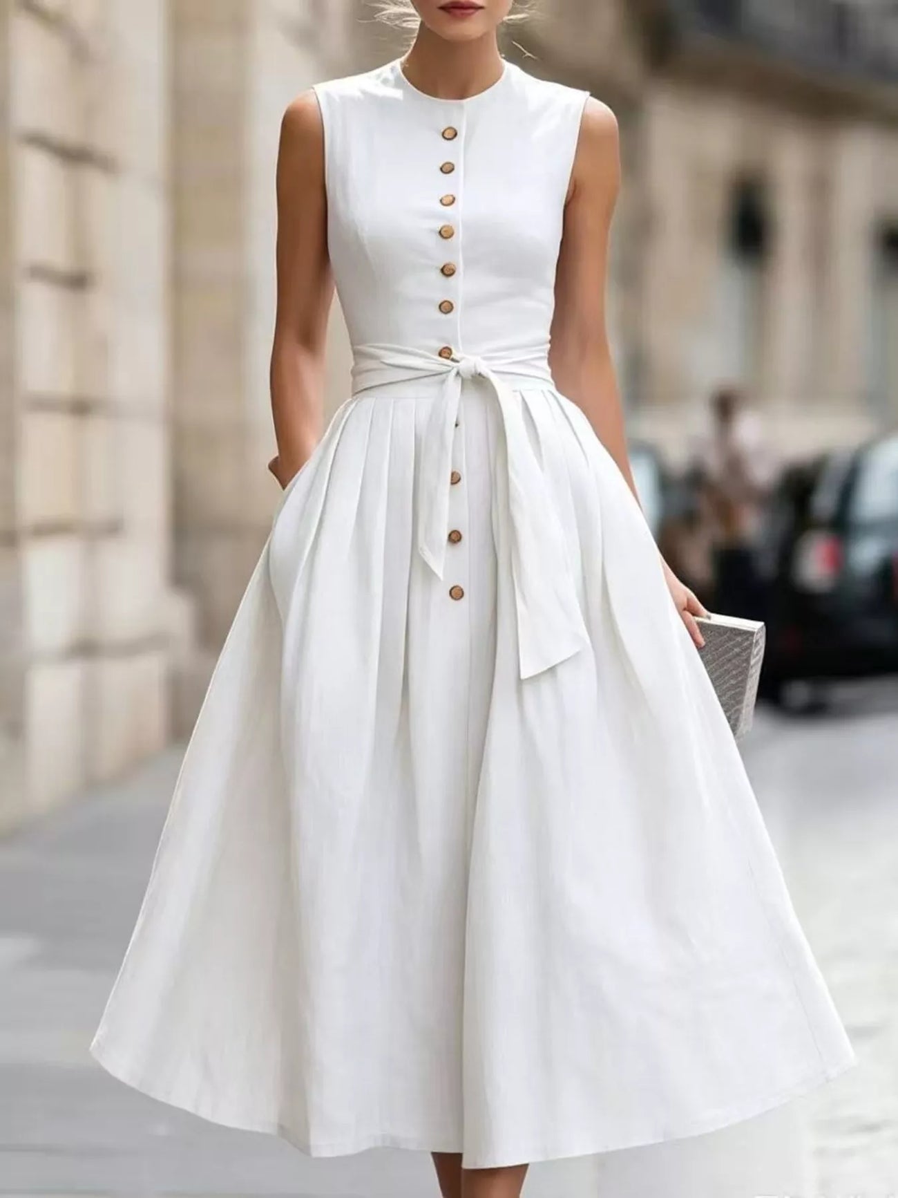 Back view of the White Full Size Sleeveless Button-Front Belted Midi Dress Plus Size, styled with feminine boutique styling for dinners, travel, and events, made for women who want elegant styling.
