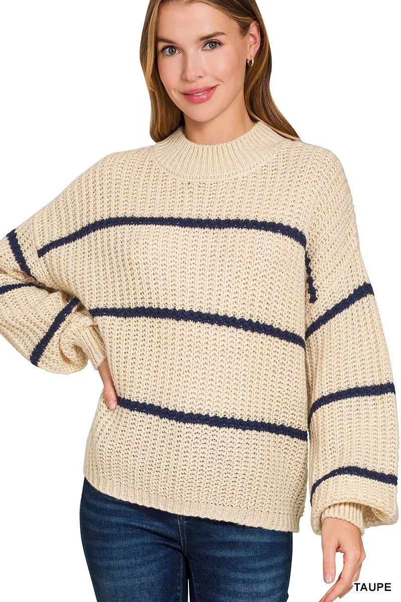 Fabric detail of the TAUPE Zenana Oversize Striped Sweater, styled with polished boutique styling for day-to-night outfits, made for women who want easy layering.