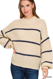 Fabric detail of the TAUPE Zenana Oversize Striped Sweater, styled with polished boutique styling for day-to-night outfits, made for women who want easy layering.