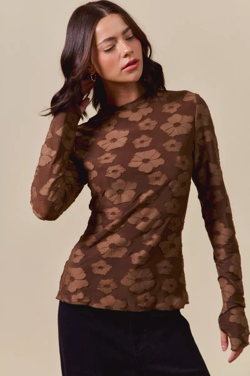 Front view of the BROWN Women's Elegant SO ME Stretched Jacquard Casual Tops with Thumb Opening for Everyday Boutique Styling, styled with polished boutique styling for day-to-night outfits, made for women who want easy layering.
