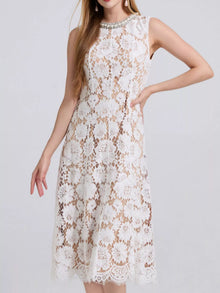 Bundle outfit view of the White Women's Elegant Lace Pearl Dress for Wedding Guest & Evening Wear, styled with feminine boutique styling for dinners, travel, and events, made for women who want elegant styling.