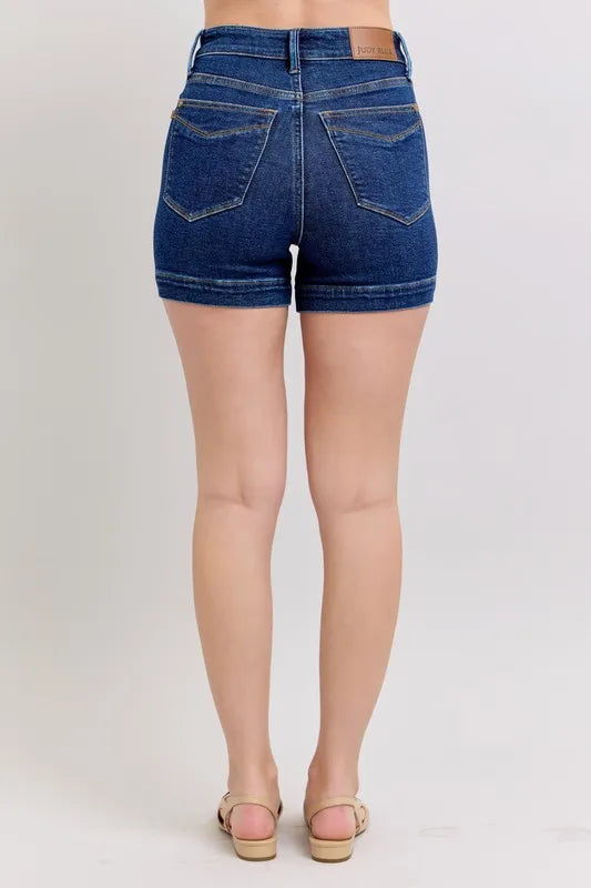 Back view of the DK Judy Blue Full Size High Waist Tummy Control Denim Shorts Plus Size, styled with polished comfort for work, travel, and everyday wear, made for women who want repeat outfit options.