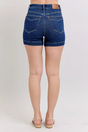 Back view of the DK Judy Blue Full Size High Waist Tummy Control Denim Shorts Plus Size, styled with polished comfort for work, travel, and everyday wear, made for women who want repeat outfit options.