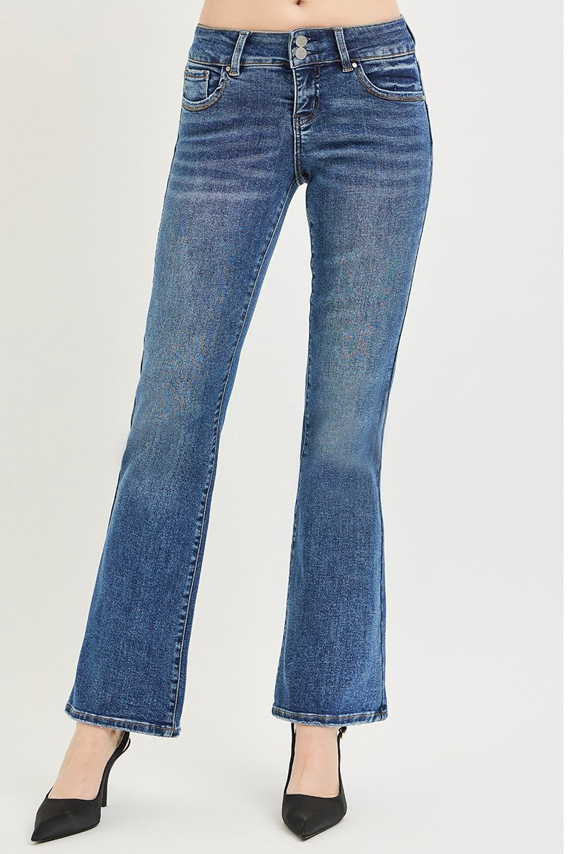 Fabric detail of the MEDIUM RISEN Tummy Control Low Rise Bootcut Jeans, styled with polished boutique styling for day-to-night outfits, made for women who want easy layering.