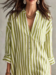 Full-length view of the Green Full Size Striped 3/4 Sleeve Shirt Dress Plus Size, styled with feminine boutique styling for dinners, travel, and events, made for women who want elegant styling.