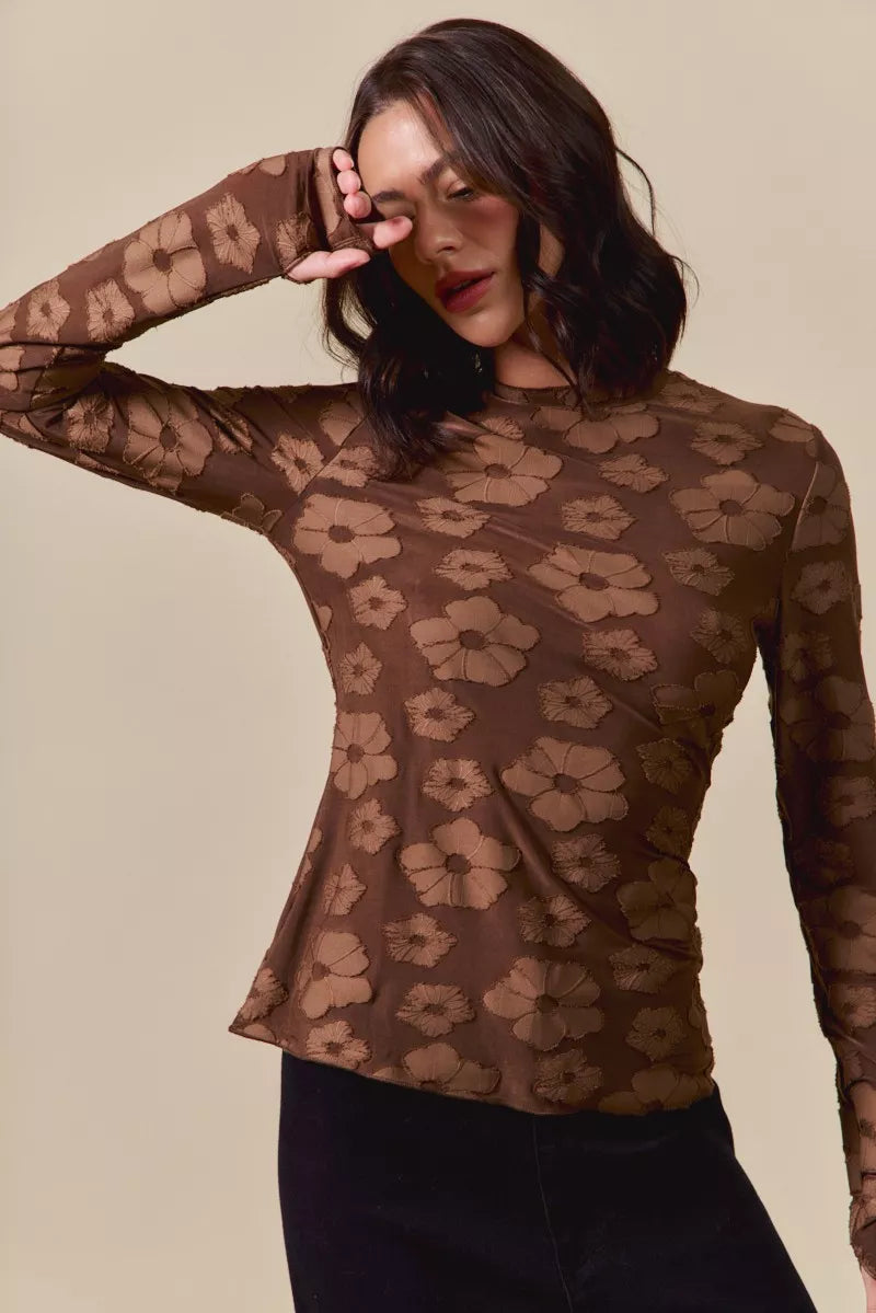 Back view of the BROWN Women's Elegant SO ME Stretched Jacquard Casual Tops with Thumb Opening for Everyday Boutique Styling, styled with polished boutique styling for day-to-night outfits, made for women who want easy layering.