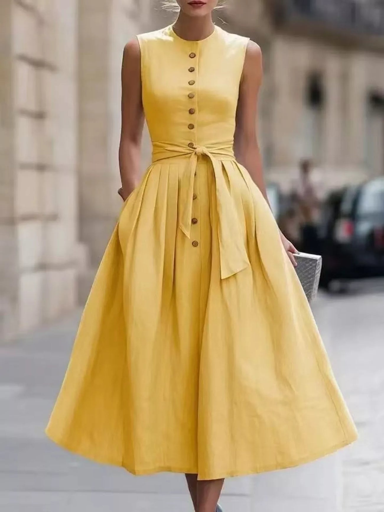Full-length view of the Gold Full Size Sleeveless Button-Front Belted Midi Dress Plus Size, styled with feminine boutique styling for dinners, travel, and events, made for women who want elegant styling.