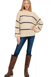 Neckline detail of the TAUPE Zenana Oversize Striped Sweater, styled with polished boutique styling for day-to-night outfits, made for women who want easy layering.