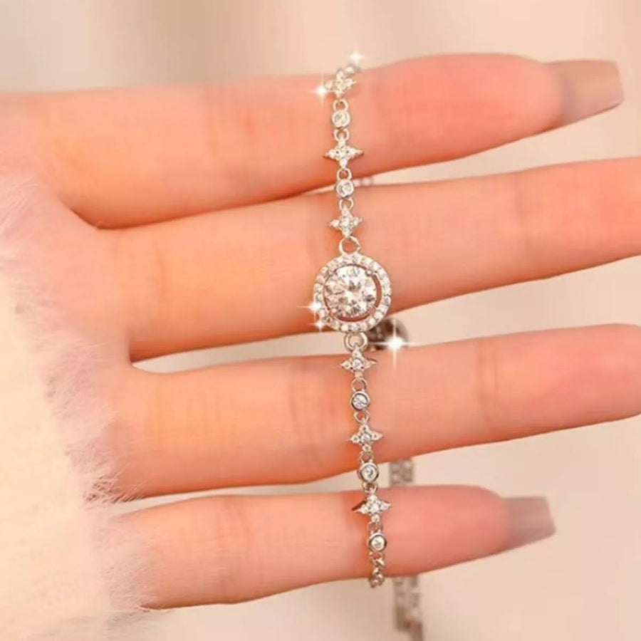 Front view of the Silver Moissanite Bracelet, styled with soft-shine jewelry for daily outfits and gifting, made for women who want stackable jewelry.