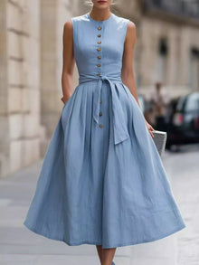 Bundle outfit view of the Sea blue Full Size Sleeveless Button-Front Belted Midi Dress Plus Size, styled with feminine boutique styling for dinners, travel, and events, made for women who want elegant styling.