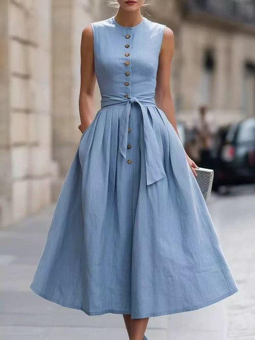 Wear with of the Sea blue Women's Elegant Full Size Sleeveless Button-Front Belted Midi Dress for Day-to-Evening Wear, styled with feminine boutique styling for dinners, travel, and events, made for women who want elegant styling.