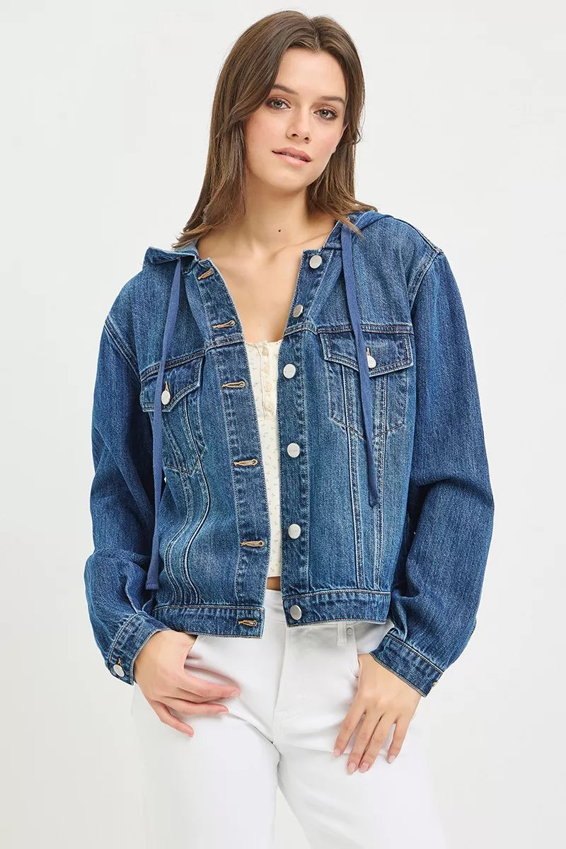 Styled outfit view of the MEDIUM RISEN Basic Denim Jacket with Hoodie, styled with polished boutique styling for day-to-night outfits, made for women who want easy layering.