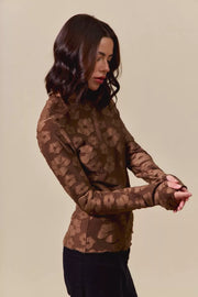 Side view of the BROWN Women's Elegant SO ME Stretched Jacquard Casual Tops with Thumb Opening for Everyday Boutique Styling, styled with polished boutique styling for day-to-night outfits, made for women who want easy layering.