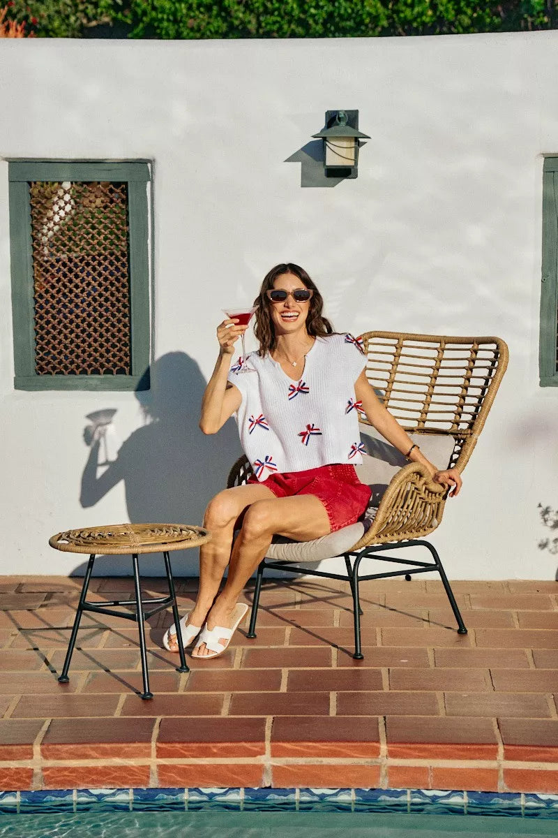 Front view of the OFF WHITE SO ME 4th Of July Ribbon Trimmed Dolman Sweater Top, styled with polished boutique styling for day-to-night outfits, made for women who want easy layering.