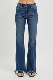 Back view of the DARK RISEN Full Size Mid Rise Flare Frayed Hem Jeans Plus Size, styled with polished boutique styling for day-to-night outfits, made for women who want easy layering.