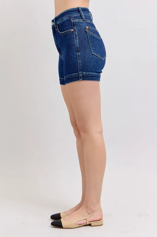 Waist detail of the DK Judy Blue Full Size High Waist Tummy Control Denim Shorts Plus Size, styled with polished comfort for work, travel, and everyday wear, made for women who want repeat outfit options.