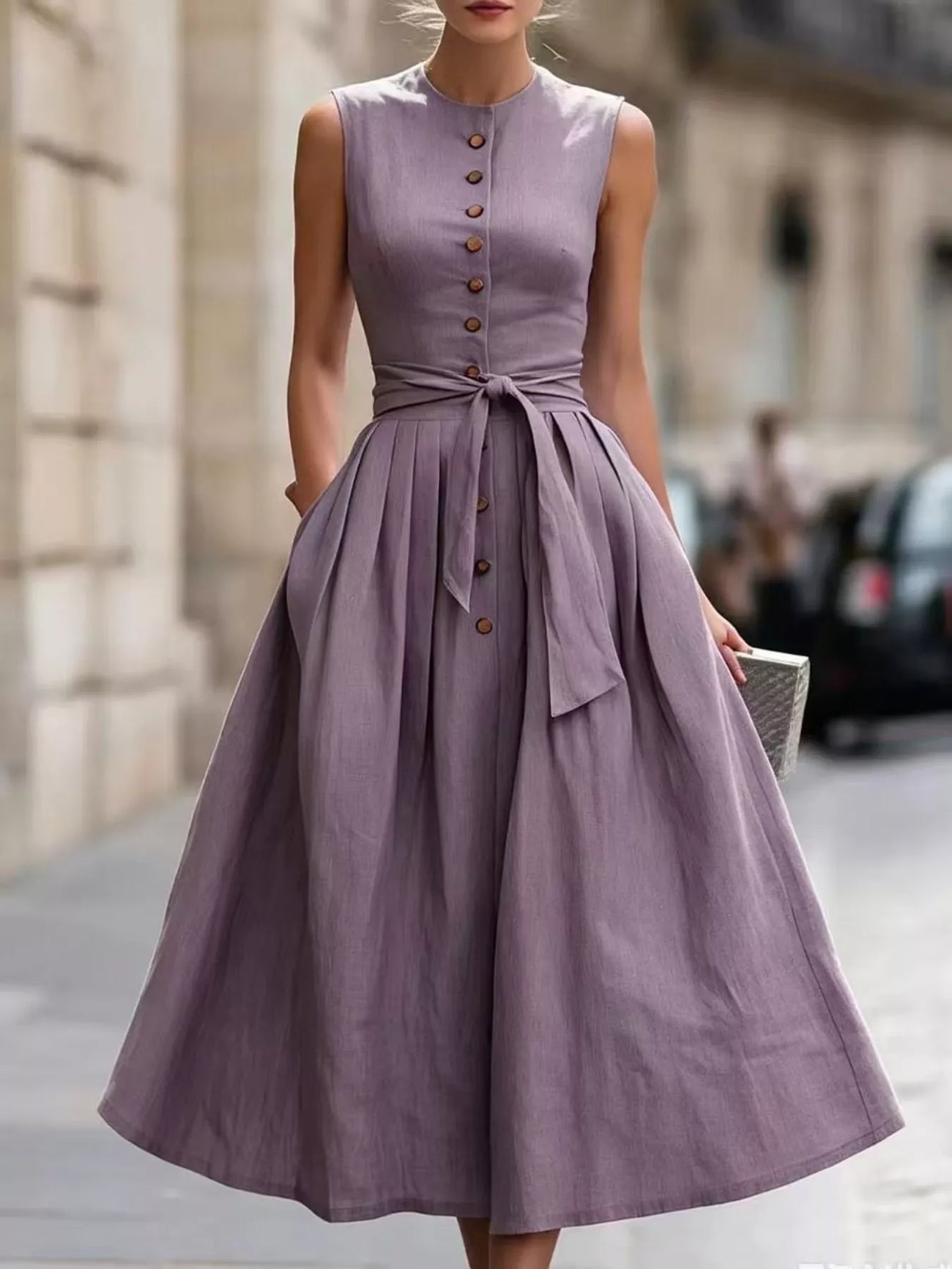 Front view of the Violet Full Size Sleeveless Button-Front Belted Midi Dress Plus Size, styled with feminine boutique styling for dinners, travel, and events, made for women who want elegant styling.
