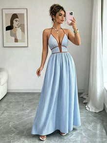 Bundle outfit view of the Light Blue Women's Elegant Striped Halter Neck Maxi Dress for Wedding Guest & Evening Wear, styled with feminine boutique styling for dinners, travel, and events, made for women who want elegant styling.