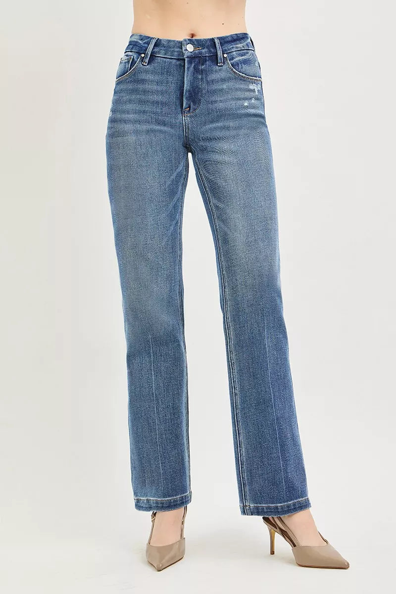 Side view of the Medium RISEN Tummy Control 4way Stretch Mid Rise Straight Crease Line, styled with polished boutique styling for day-to-night outfits, made for women who want easy layering.