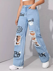 Bundle outfit view of the Light Blue Women's Elegant Graffiti Distressed Wide Leg Jeans for Office & Everyday Wear, styled with polished comfort for work, travel, and everyday wear, made for women who want repeat outfit options.