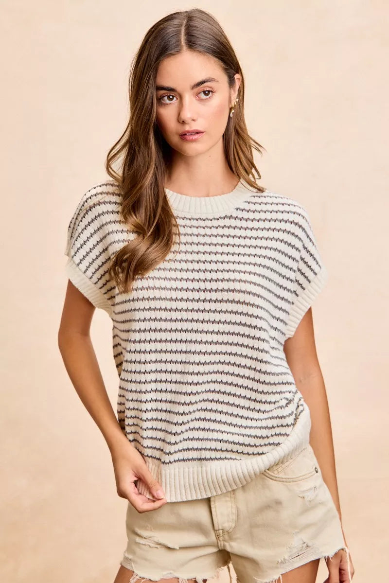 Front view of the CREAM/GREY Pointelle Sleeveless Knit Top, styled with polished boutique styling for day-to-night outfits, made for women who want easy layering.
