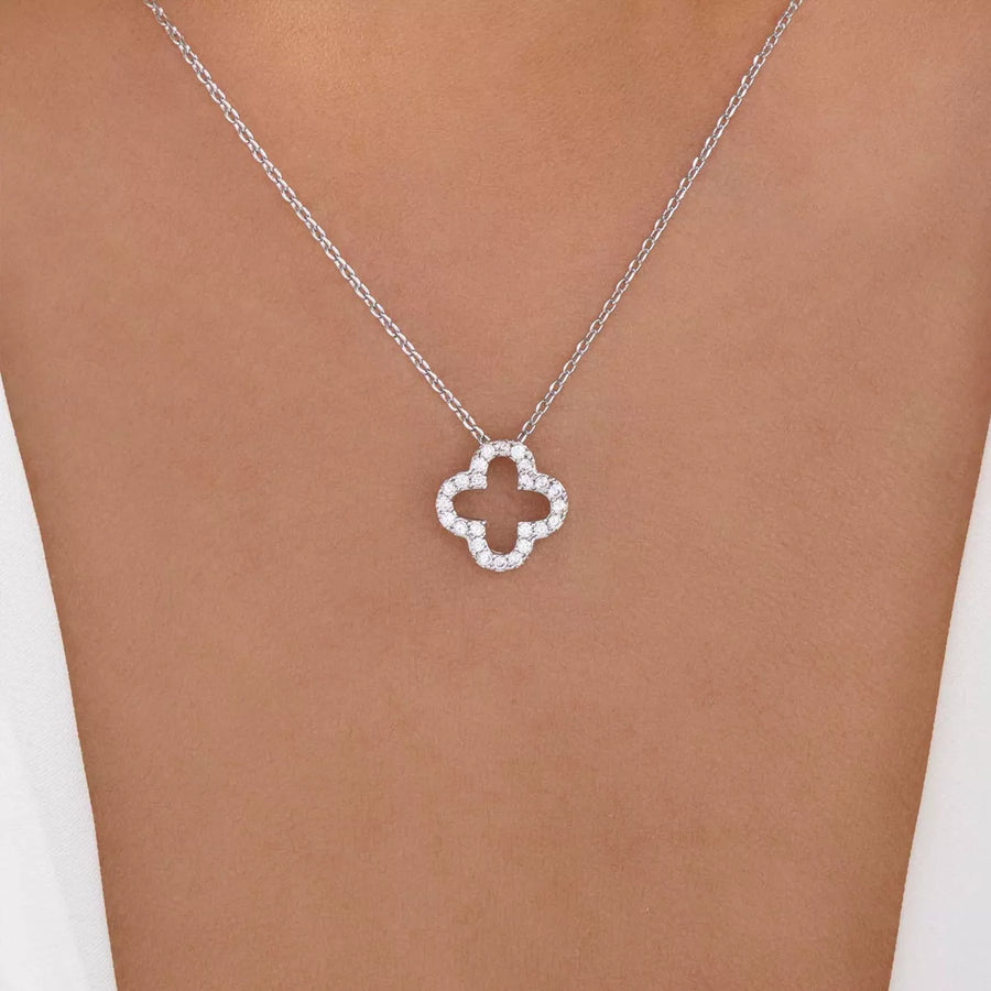 Front view of the Silver Clover Necklace, styled with layered jewelry for everyday styling and gifting, made for women who want refined neckline detail.