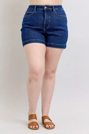 Side view of the DK Judy Blue Full Size High Waist Tummy Control Denim Shorts Plus Size, styled with polished comfort for work, travel, and everyday wear, made for women who want repeat outfit options.
