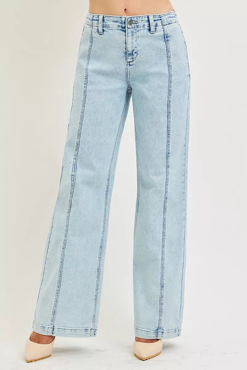 Front view of the ACID LIGHT Women's Elegant Risen Slouchy Wide Leg Jeans for Office & Everyday Wear, styled with polished boutique styling for day-to-night outfits, made for women who want easy layering.