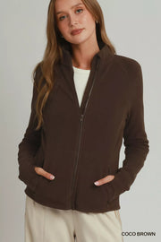 Front view of the COCO BROWN Umgee Soft Fleece Full Zip Jacket With Pockets, styled with polished boutique styling for day-to-night outfits, made for women who want easy layering.