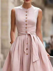 Styled outfit view of the Caramel Color Full Size Sleeveless Button-Front Belted Midi Dress Plus Size, styled with feminine boutique styling for dinners, travel, and events, made for women who want elegant styling.