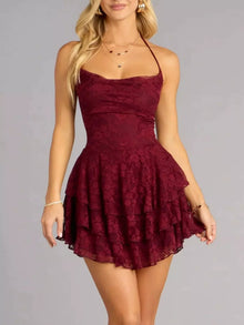 Bundle outfit view of the Burgundy Women's Elegant Lace Dress for Wedding Guest & Evening Wear, styled with feminine boutique styling for dinners, travel, and events, made for women who want elegant styling.
