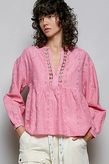 Bundle outfit view of the CANDY PINK Women's Elegant Lace Pol Eyelet Split Neck Gathered Blouse for Layering & Everyday Outfits, styled with polished boutique styling for day-to-night outfits, made for women who want easy layering.