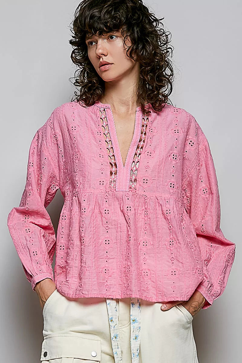 Front view of the CANDY PINK Lace Blouse, styled with polished boutique styling for day-to-night outfits, made for women who want easy layering.