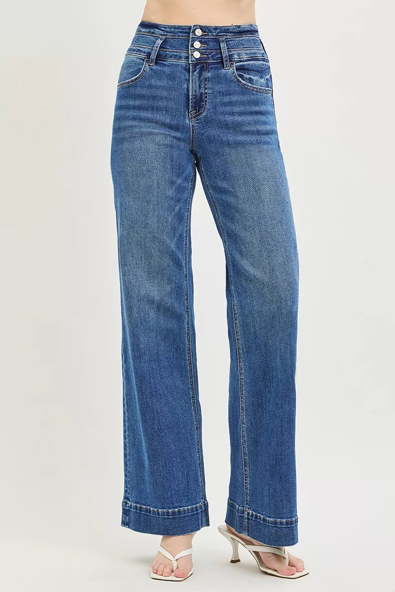 Side view of the Dark RISEN High Rise Wide Leg Wide Band Detail Jeans, styled with polished boutique styling for day-to-night outfits, made for women who want easy layering.