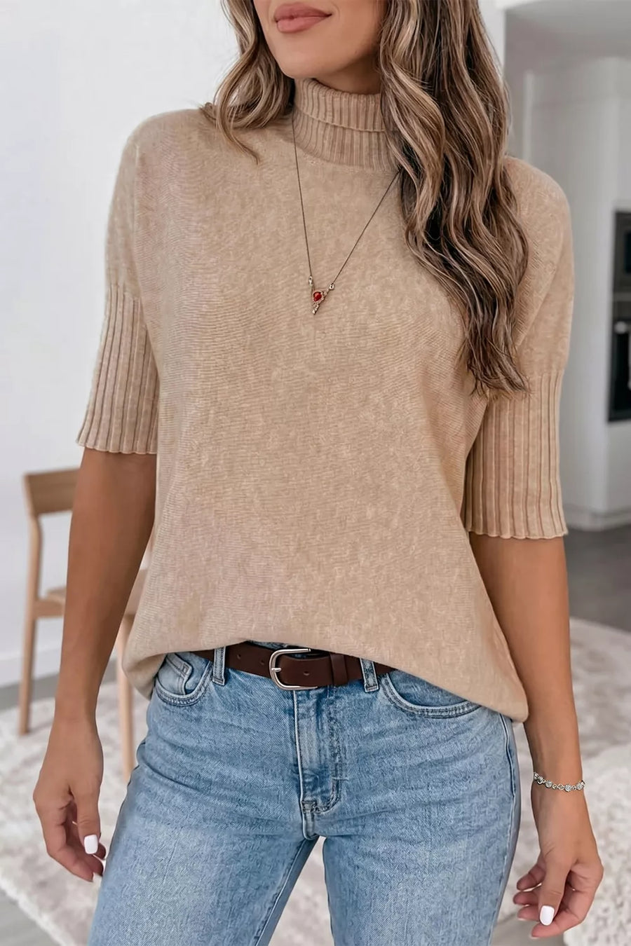 Front view of the Taupe Women's Elegant Ribbed Trim High Neck Short Sleeve Casual Sweater for Everyday Boutique Styling, styled with polished comfort for work, travel, and everyday wear, made for women who want repeat outfit options.