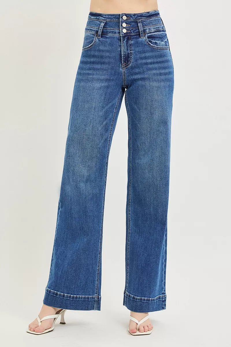 Front view of the Dark Women's Elegant RISEN High Rise Wide Leg Jeans for Office & Everyday Wear, styled with polished boutique styling for day-to-night outfits, made for women who want easy layering.