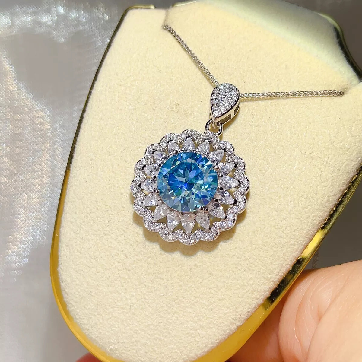 Pendant close-up of the Royal Blue 5 Carat 925 Sterling Silver Moissanite Pendant Necklace, styled with layered jewelry for everyday styling and gifting, made for women who want refined neckline detail.