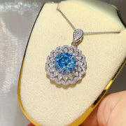 Pendant close-up of the Royal Blue 5 Carat 925 Sterling Silver Moissanite Pendant Necklace, styled with layered jewelry for everyday styling and gifting, made for women who want refined neckline detail.
