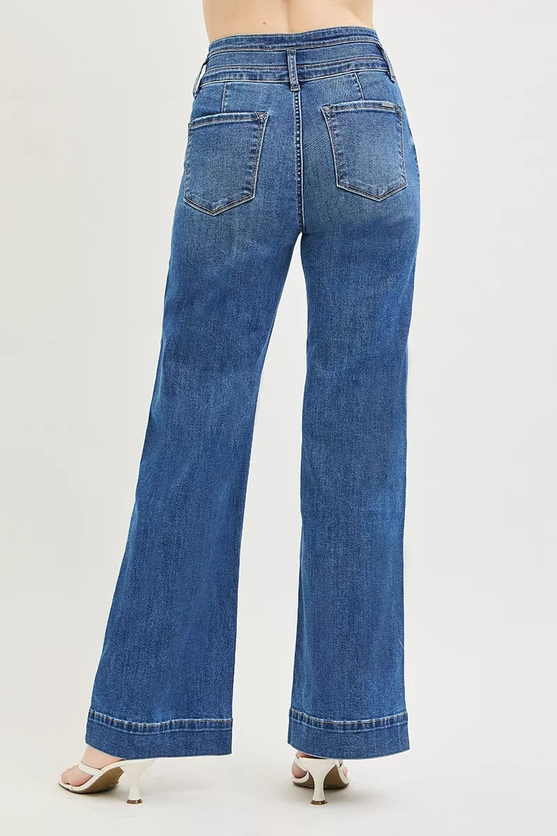 Styled outfit view of the Dark RISEN High Rise Wide Leg Wide Band Detail Jeans, styled with polished boutique styling for day-to-night outfits, made for women who want easy layering.
