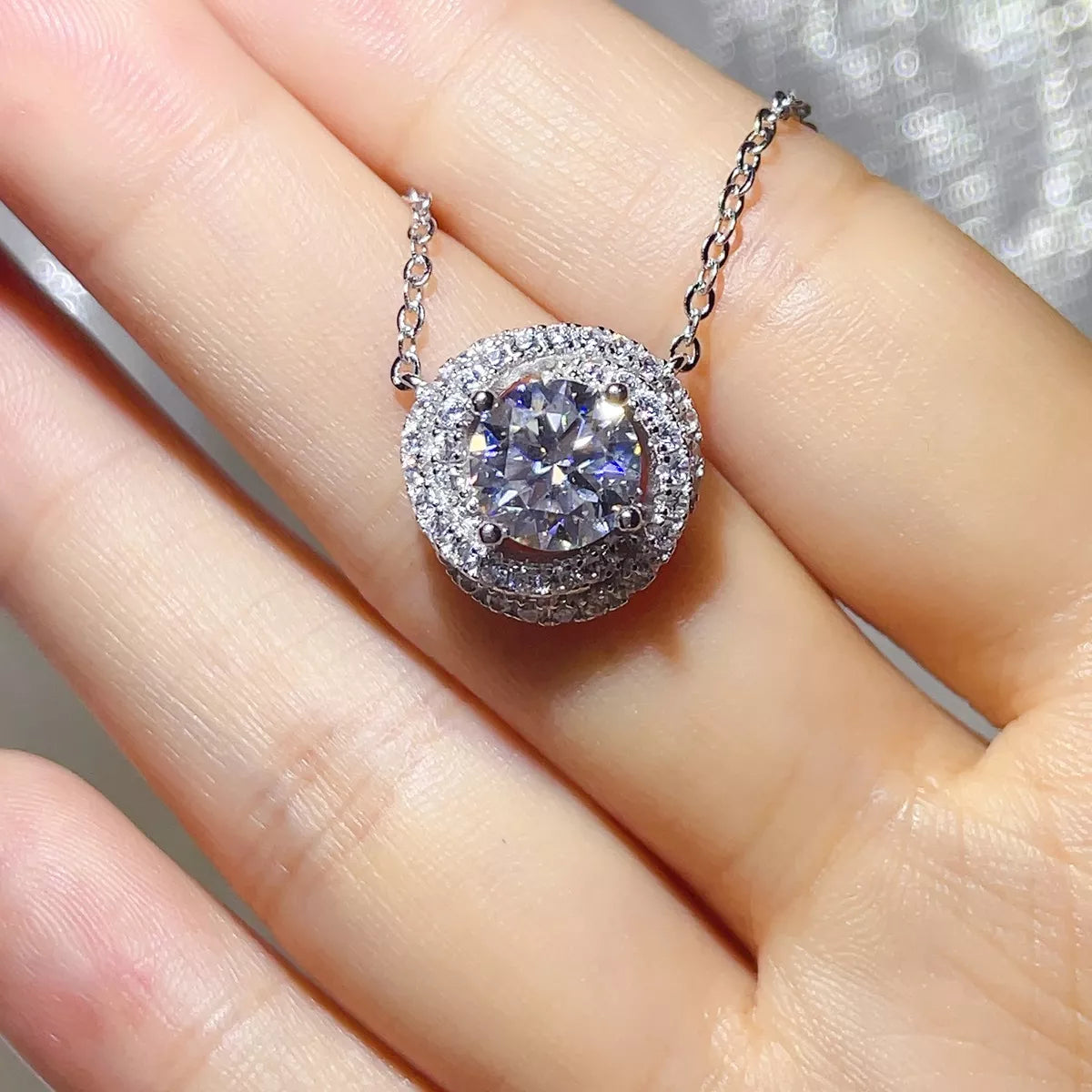 Pendant close-up of the 2 Carat 925 Sterling Silver Moissanite Pendant Necklace, styled with layered jewelry for everyday styling and gifting, made for women who want refined neckline detail.