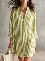 Styled outfit view of the Green Full Size Striped 3/4 Sleeve Shirt Dress Plus Size, styled with feminine boutique styling for dinners, travel, and events, made for women who want elegant styling.