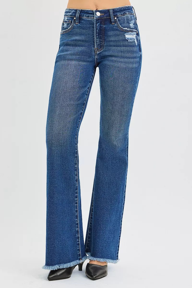 Side view of the DARK RISEN High Rise Flare Jeans, styled with polished boutique styling for day-to-night outfits, made for women who want easy layering.