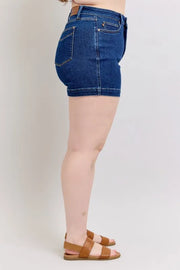 Waist detail of the DK Judy Blue Full Size High Waist Tummy Control Denim Shorts Plus Size, styled with polished comfort for work, travel, and everyday wear, made for women who want repeat outfit options.